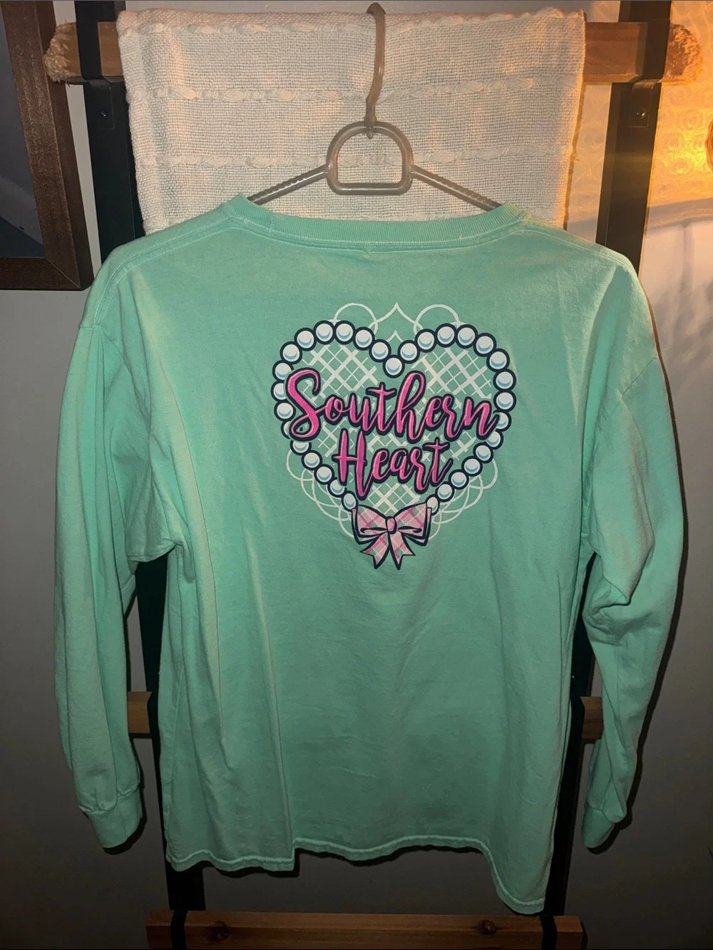 Girls' Mint Long-Sleeve Tee with Pink Bow Embroidery